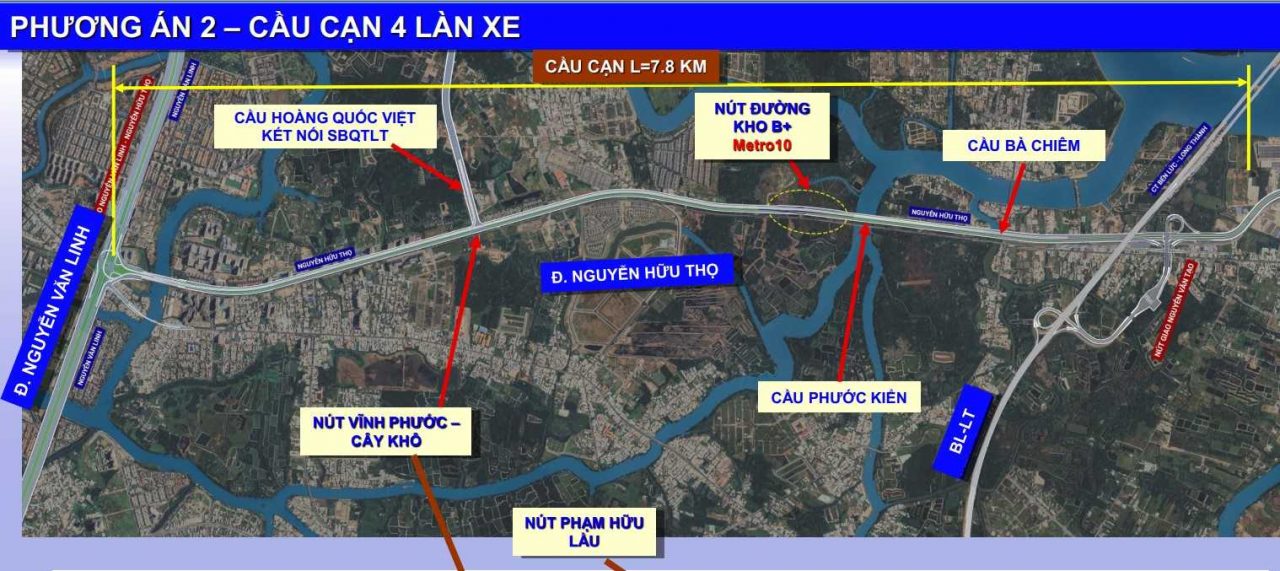 Phối cảnh làm đường trên cao 4 làn xe trên đường Nguyễn Hữu Thọ. Ảnh: Sở GTVT TPHCM  Sở Giao thông Vận tải (GTVT) TPHCM vừa trình UBND TP báo cáo nghiên cứu tiền khả thi dự án nâng cấp trục Bắc – Nam (đường Nguyễn Hữu Thọ), đoạn từ đường Nguyễn Văn Linh đến cao tốc Bến Lức – Long Thành, theo phương thức đối tác công tư (PPP), hợp đồng BOT (xây dựng – kinh doanh – chuyển giao).  Đây là 1 trong 5 dự án giao thông được TPHCM triển khai theo cơ chế đặc thù của Nghị quyết 98, cho phép thực hiện BOT đối với hạ tầng hiện hữu.